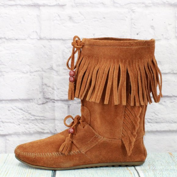 Minnetonka Shoes - *Minnetonka Brown Suede Lace-up Pull On Fringe Moccasins Booties Size